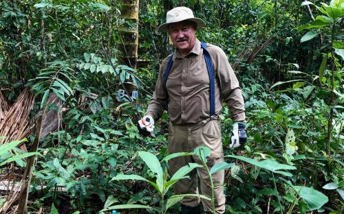 Professor Ülo Mander matšeetega liaane raiumas, et soist vihmametsa läbida. Jalge all on kuni 11 meetrit turvast.